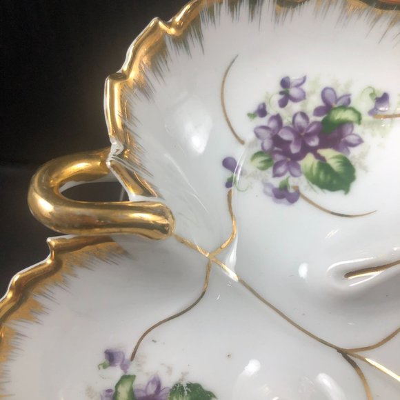 NAPCO Candy Nut Nappy Dish Violets Porcelain Trimmed in Gold Gilded MCM - Picture 3 of 7